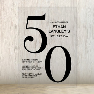 Modern Bold Black Text 50th Birthday Party Acrylic Invitations