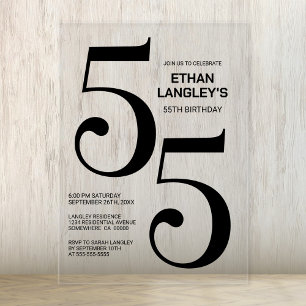 Modern Bold Black Text 55th Birthday Party Acrylic Invitations