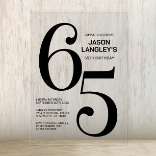 Modern Bold Black Text 65th Birthday Party Acrylic Invitations