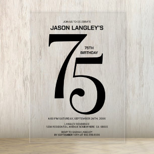 Modern Bold Black Text 75th Birthday Party Acrylic Invitations