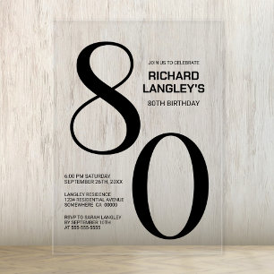 Modern Bold Black Text 80th Birthday Party Acrylic Invitations