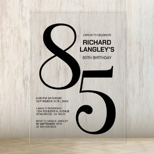 Modern Bold Black Text 85th Birthday Party Acrylic Invitations