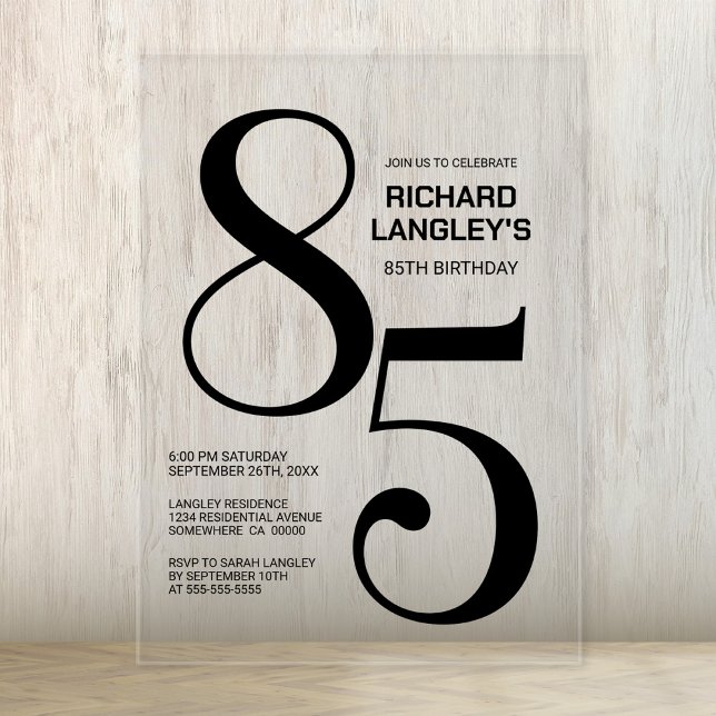 Modern Bold Black Text 85th Birthday Party Acrylic Invitations (Creator Uploaded)