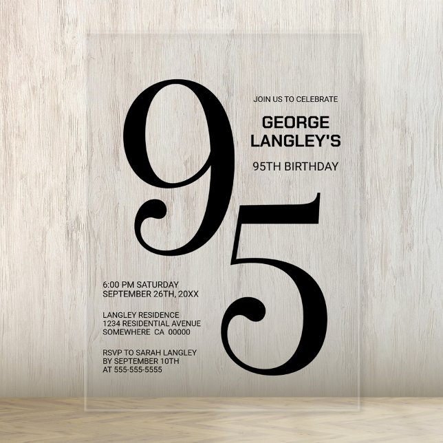 Modern Bold Black Text 95th Birthday Party Acrylic Invitations (Creator Uploaded)