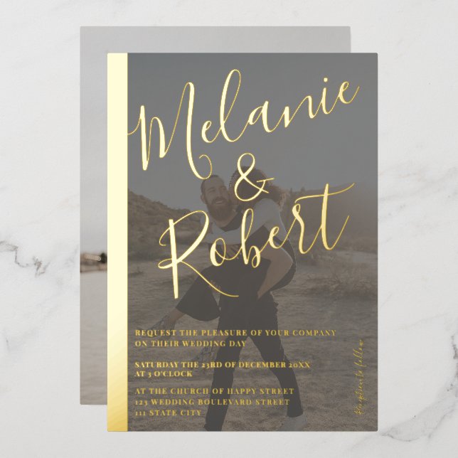 Modern bold black wedding 2 photos gold stripe (Front/Back)