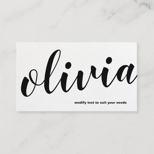 Modern Bold Black White Leather Script Calligraphy Business Card (Front)