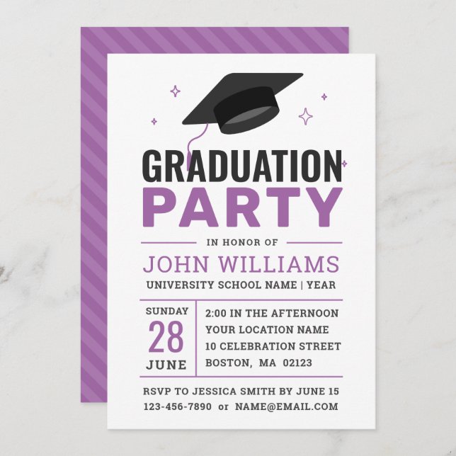 Modern Bold Black White Purple Graduation Party Invitation (Front/Back)