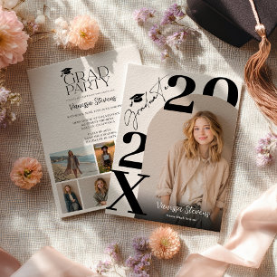 Modern Bold Black white Trendy 6 photos graduation Invitation