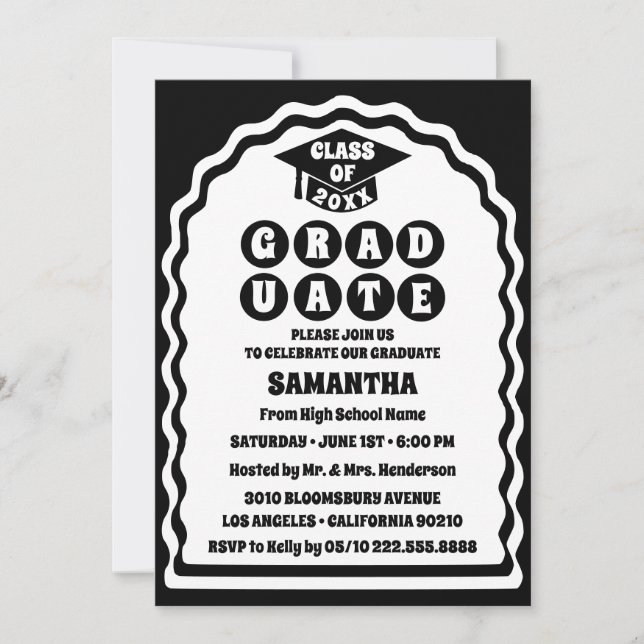Modern Bold Black White Wavy Arch Photo Graduation Invitation (Front)