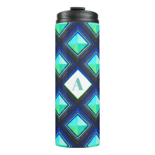 Modern Bold Blue Green Geometric Diamonds & Name Thermal Tumbler