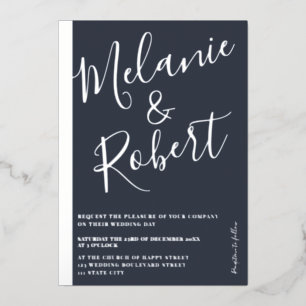 Modern bold blue wedding photo silver stripe