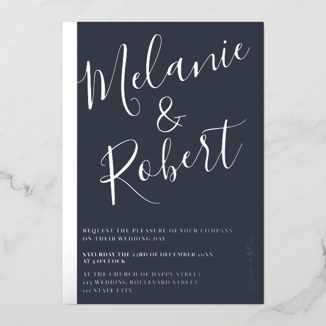 Modern bold blue wedding photo silver stripe (Front)