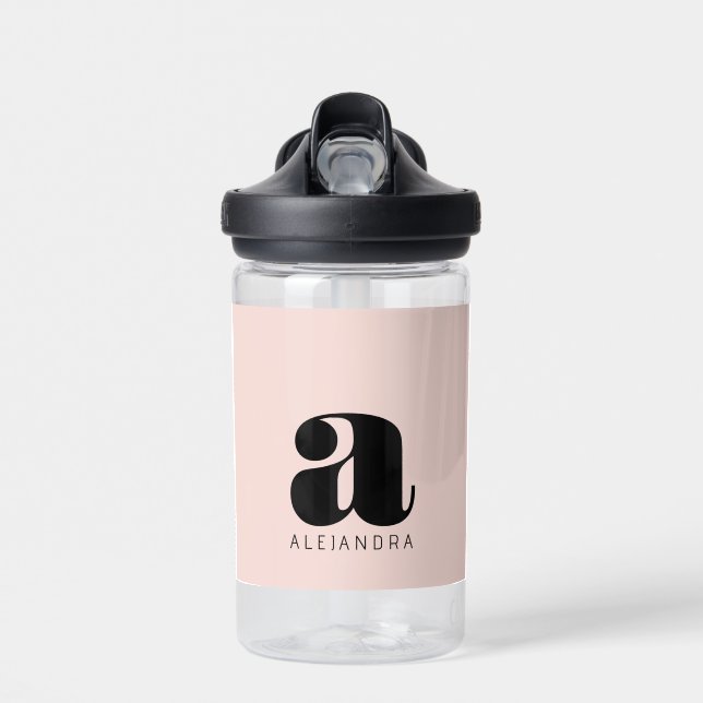 Modern Bold Blush Pink Monogram Name Water Bottle (Front)