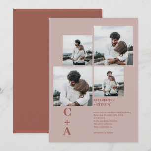 Modern bold boho brown 4 photos grid wedding invitation