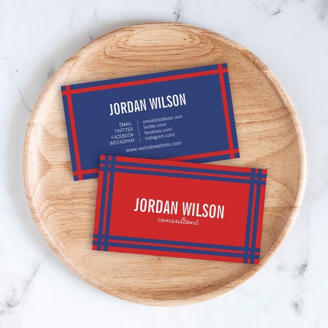 Modern Bold Border Red and Blue Social Media Business Card (Creator Uploaded)