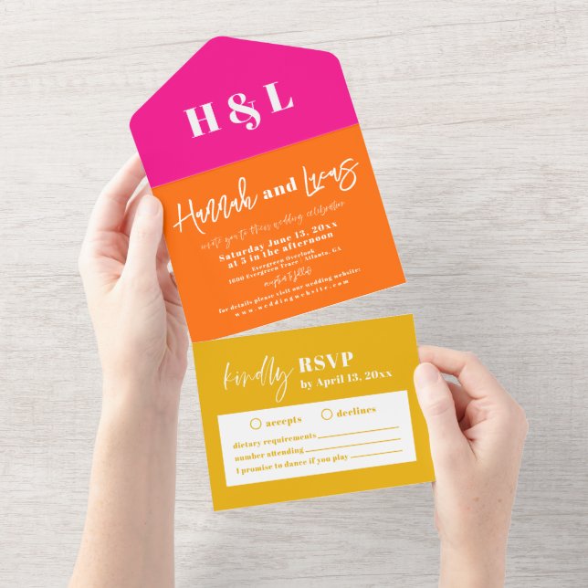 Modern, Bold Bright All In One Wedding Invitation (Tearaway)