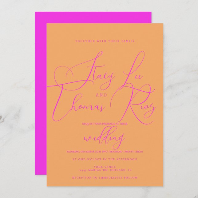 Modern Bold Bright Pink Orange Script Wedding  Invitation (Front/Back)