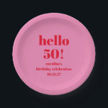 Modern Bold Bright Pink Red 50th Birthday Custom Paper Plate<br><div class="desc">Modern Bold Bright Pink Red 50th Birthday Custom Paper Plates. All text is editable so can be used for any age.</div>