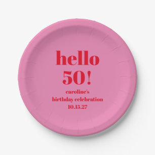 Modern Bold Bright Pink Red 50th Birthday Custom Paper Plate