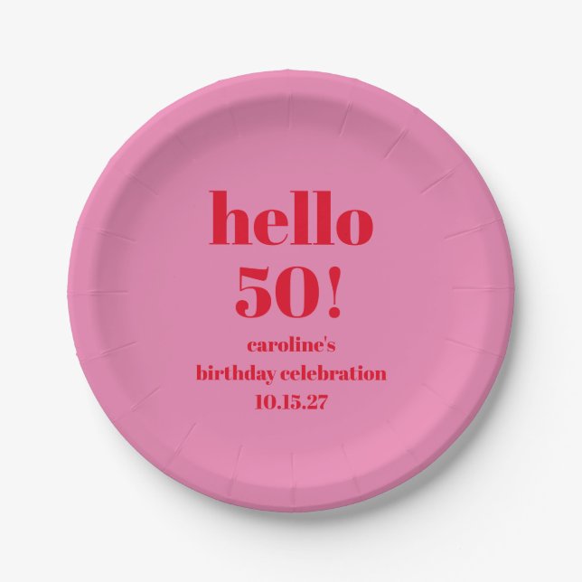 Modern Bold Bright Pink Red 50th Birthday Custom Paper Plate (Front)