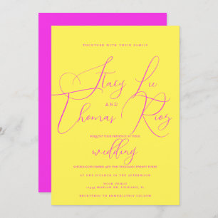 Modern Bold Bright Pink Yellow Script Wedding Invitation