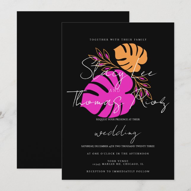 Modern Bold Bright Tropical Pink Orange Wedding Invitation (Front/Back)