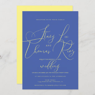 Modern Bold Bright Yellow Blue Script Wedding  Invitation