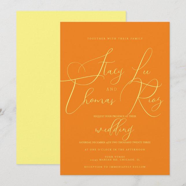 Modern Bold Bright Yellow Orange Script Wedding   Invitation (Front/Back)