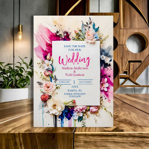 Modern bold brush strokes floral watercolor save the date