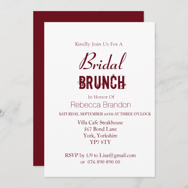 Modern Bold Burgundy Bridal Brunch  Invitation (Front/Back)