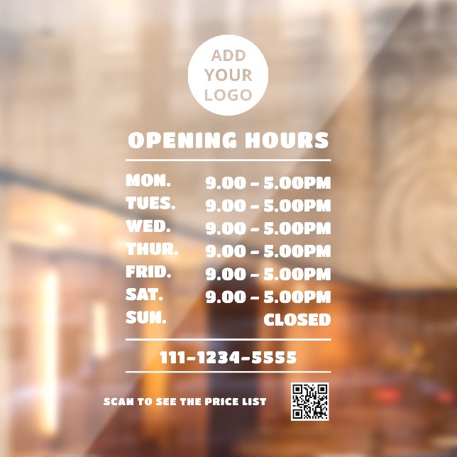 Modern Bold Business Opening Hours logo qr code  Window Cling (Sheet 2)