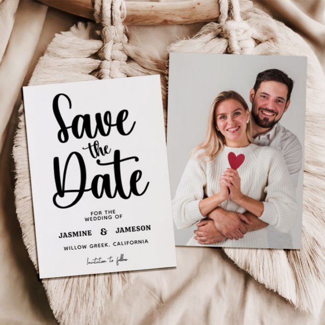 Modern Bold Casual Red Script Photo Wedding Retro Save The Date (Creator Uploaded)