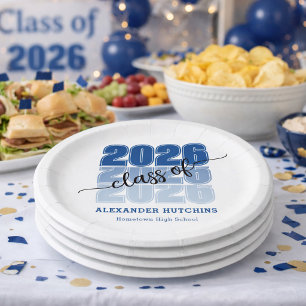 Modern Bold Class 2026 Navy Blue Graduation Party Paper Plate