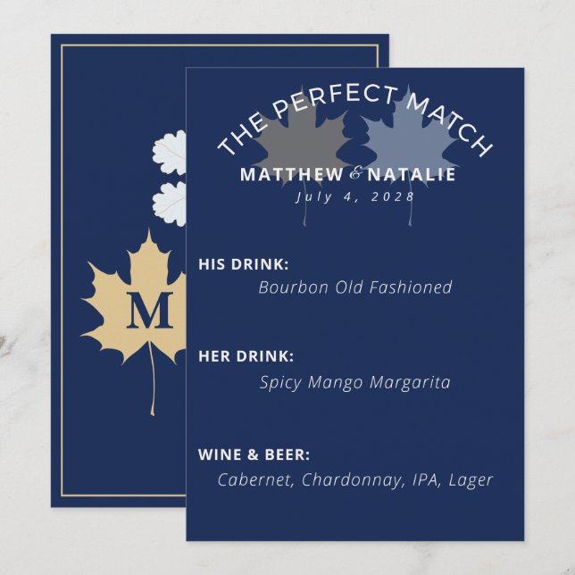 Modern Bold Cobalt Blue Gold Wedding Bar Menu (Front/Back)