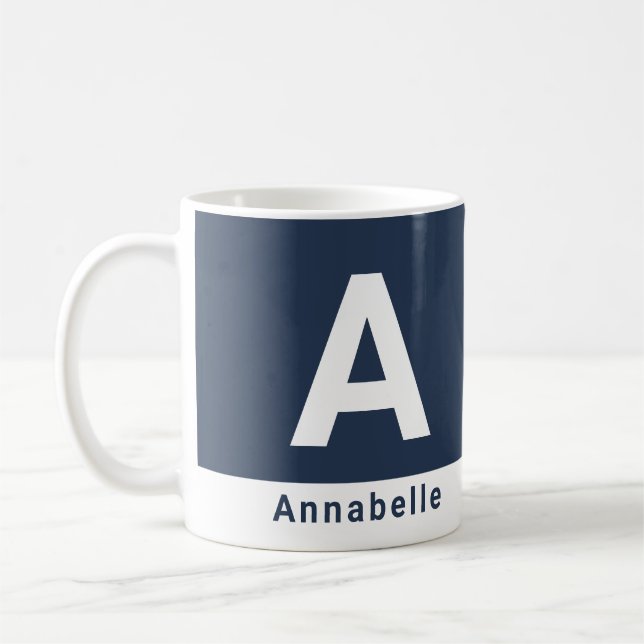 Modern bold colorblock navy blue personalised name coffee mug (Left)