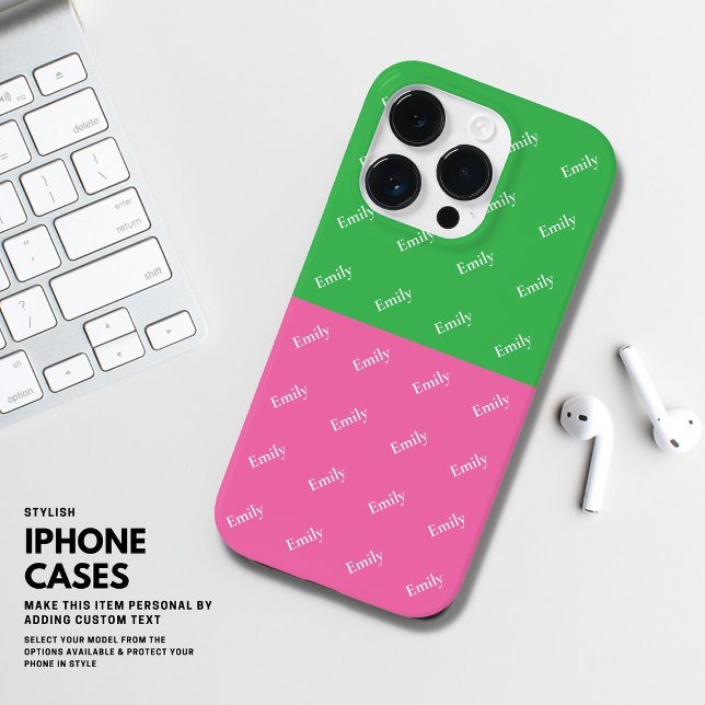 Modern Bold Colour Block Pink and Green Monogram Case-Mate iPhone Case (Creator Uploaded)