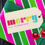 Modern Bold Colourful Merry Personalised Gift Tags<br><div class="desc">Make a colourful bright and bold merry statement on your Christmas or Holiday gifts with this personalised merry gift tag. Individual maximalist rainbow lettering with your name in a coordinating fuchsia hot pink. Red, green, pink, orange, and blue letters on a shell white background. Multicolor stripes on the reverse. Coordinating...</div>