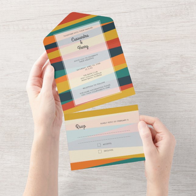 Modern Bold Colourful Stripes Teal Yellow Wedding All In One Invitation (Tearaway)
