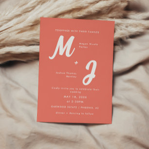 Modern Bold Coral Pink Monogram Wedding  Invitation
