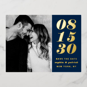 Modern Bold Date Typography Blue Save the Date Foil Invitation Postcard