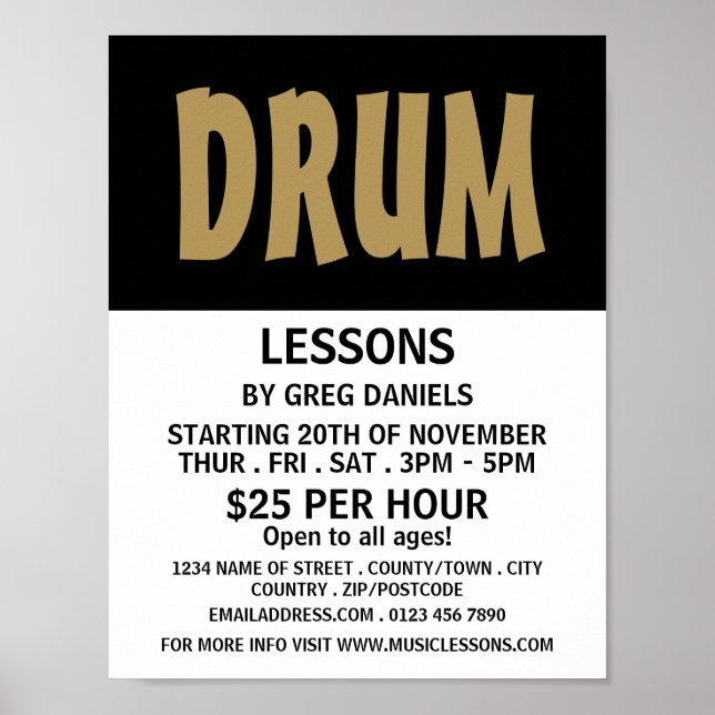 Modern Bold, Drum Lessons Advertising Poster (Front)