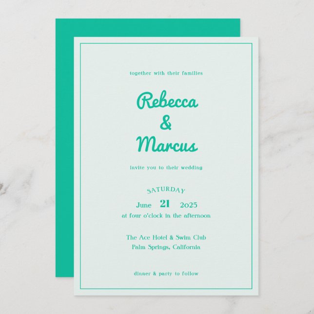 Modern Bold Emerald Mint Retro Vibes Wedding Invitation (Front/Back)