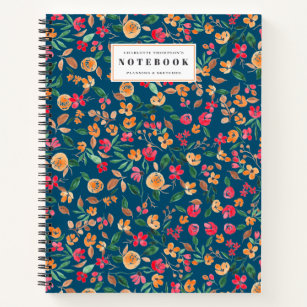 modern bold fall floral watercolor name navy blue notebook