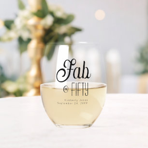 Modern Bold Fifty & Fabulous 50th Birthday Party Stemless Wine Glass