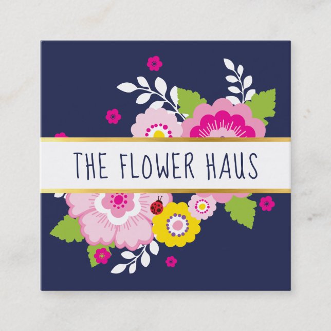 MODERN BOLD FLORAL colourful blooms navy pink Square Business Card (Front)