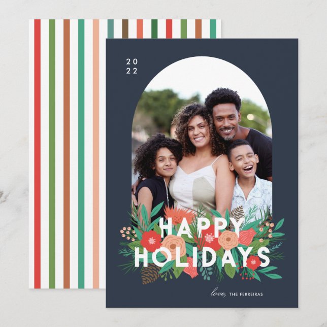 Modern Bold Floral Happy Holidays Arch Photo Holiday Card (Front/Back)