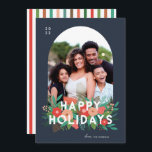 Modern Bold Floral Happy Holidays Arch Photo Holiday Card<br><div class="desc">This beautiful photo Holiday card features hand drawn floral elements in various shades of coral, red-orange, mint, teal, lime, and green. Included are pine, flowers, sprigs, leaves, berries, and buds, along with modern typography in white, reading, "Happy Holidays." The background colour is a grey slate blue, and the back of...</div>