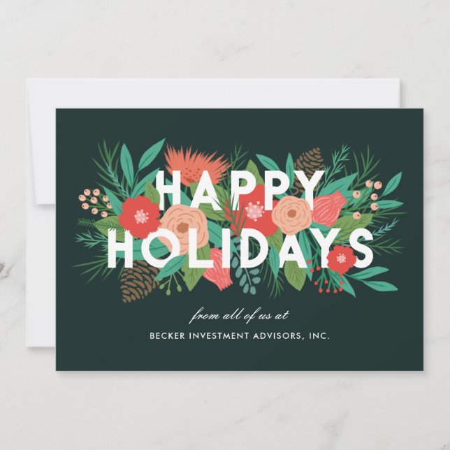 Modern Bold Floral Happy Holidays Corporate Holiday Card (Front)