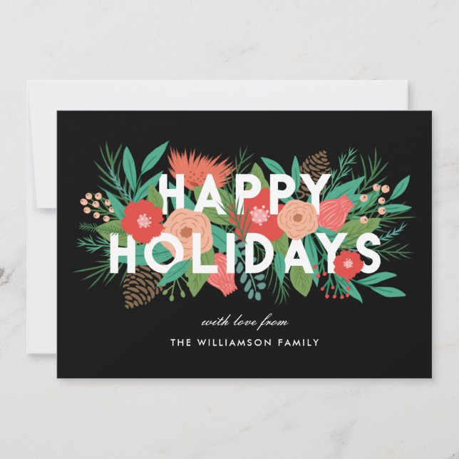 Modern Bold Floral Happy Holidays Family Name Holiday Card (Front)