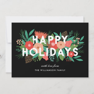 Modern Bold Floral Happy Holidays Family Name Holiday Card